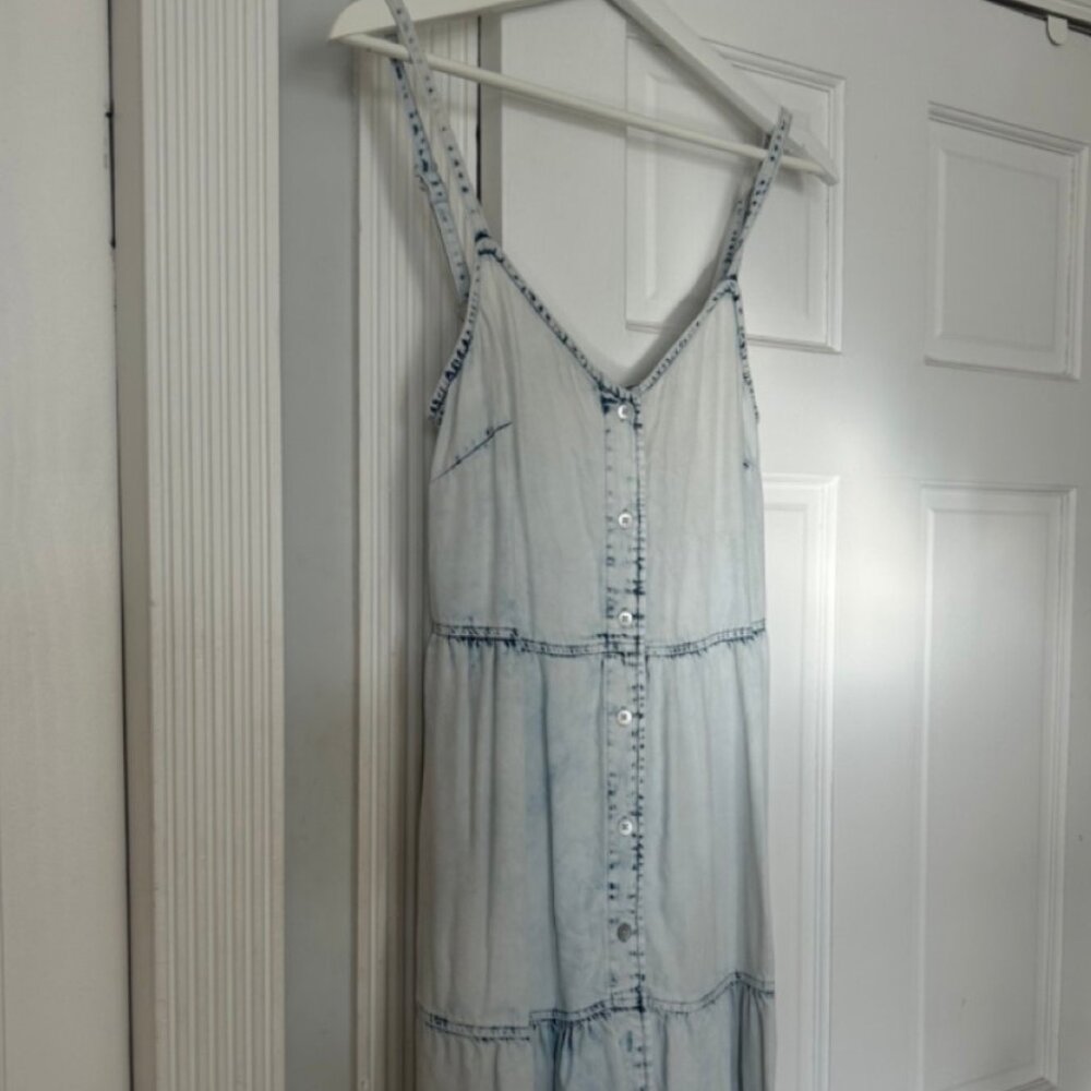 Light Wash Denim Chambray Button Up Knee Length Dress Adjustable Straps Gap XS